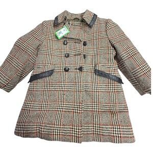 Solitaire Kids Jacket 50's Plaid Double Breasted Wool Blend Leather Trim 5-6